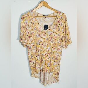 Rachel Zoe Yellow Floral Empire Waist Babydoll Blouse Small Cottagecore NWT